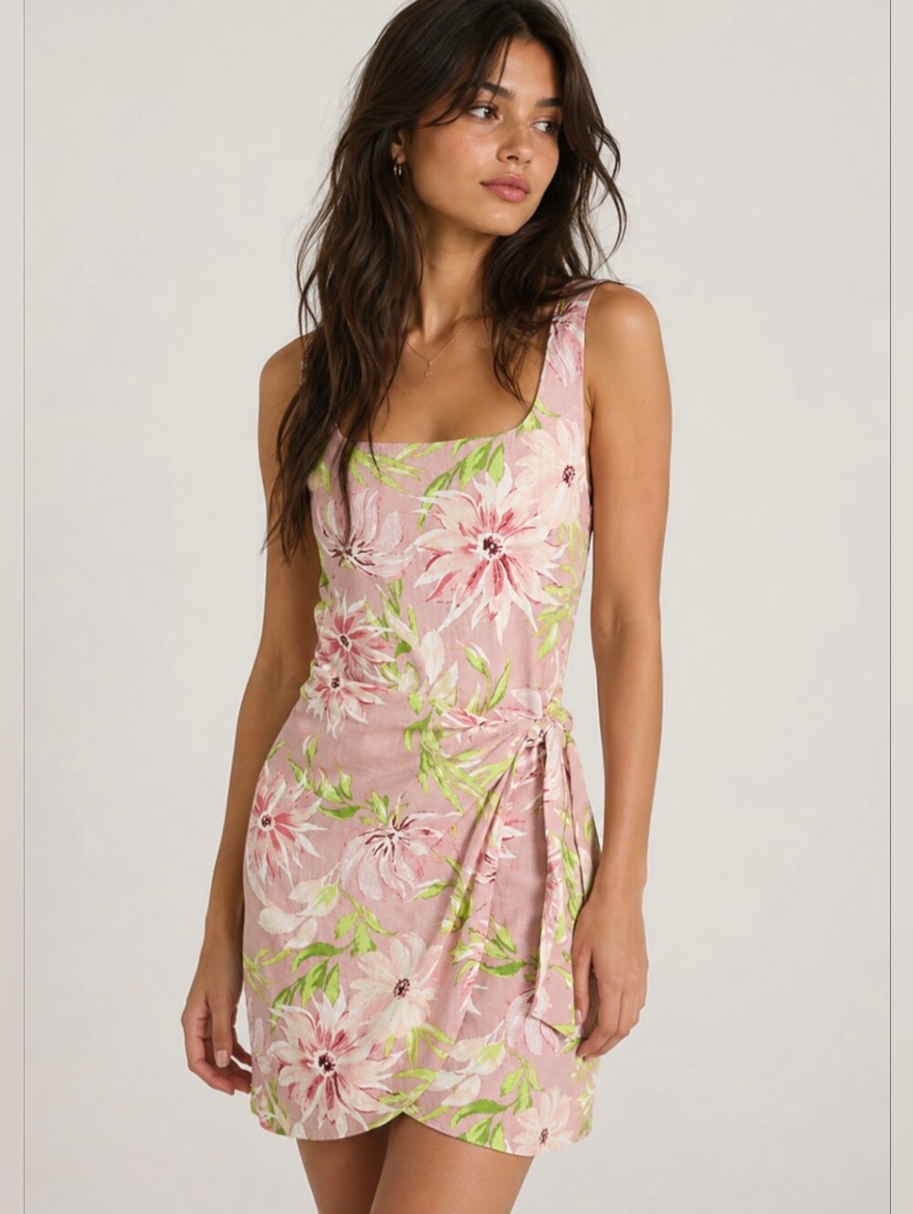 Express Floral Summer Blend Linen Blend Tie Wrap Mini Sheath Dress Size Small